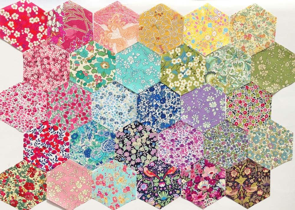 Liberty of London Tana Lawn 1.5 inch laser cut hexies (30) and die cut papers; English Paper Piecing (EPP); quilting; rainbow floral fabric