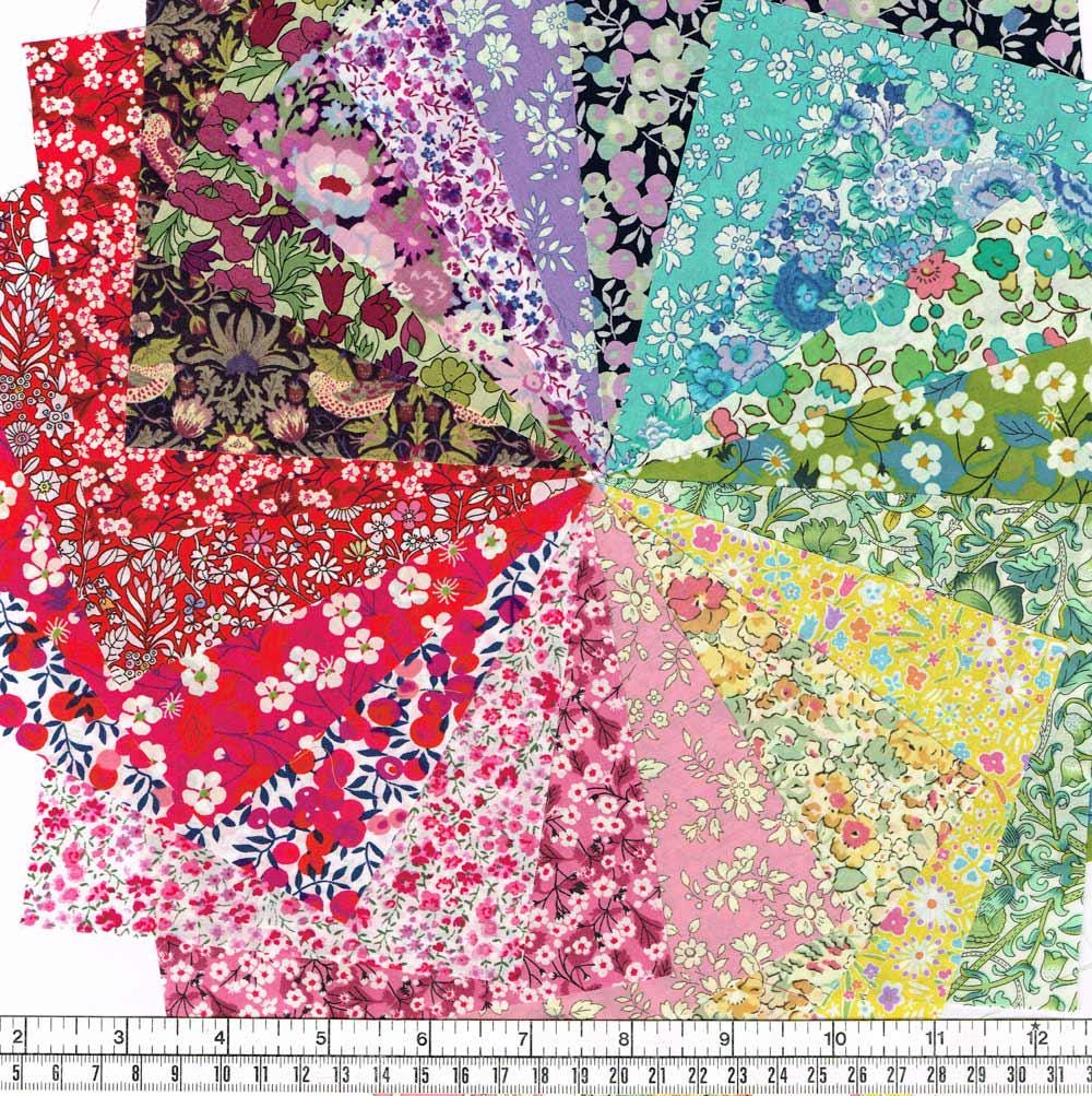 Liberty of London Tana Lawn 5 inch charm squares; English Paper Piecing (EPP); quilting; fine lawn fabric, England, rainbow