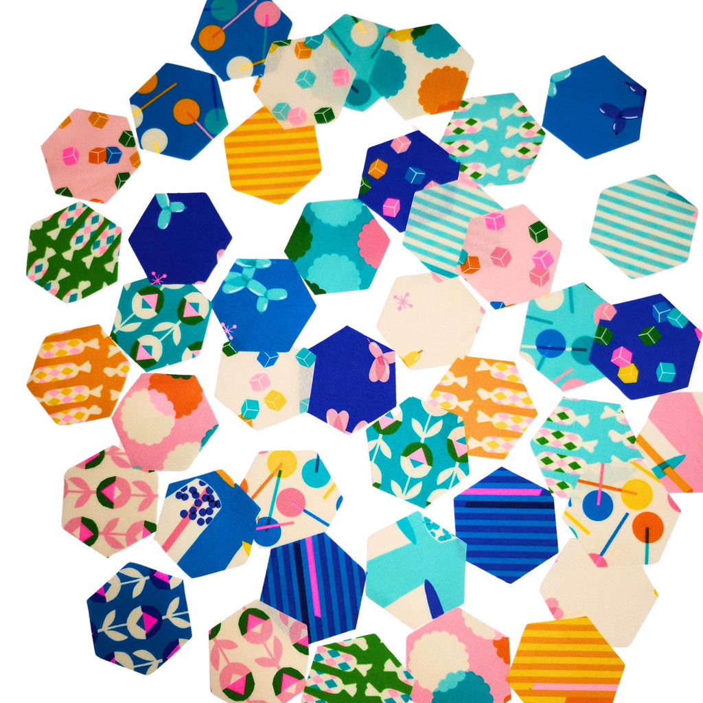 Ruby Star Society Eye Candy 1 inch die cut hexies (42) and precut paper templates English Paper Piecing (EPP); Moda quilt abric, hexagons