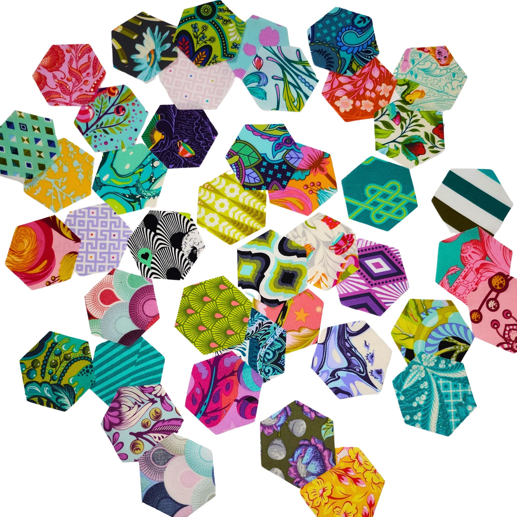 42 Tula Pink hexies 1 inch die cut assortment #2, plus papers; 42 hexies--no duplicates. English Paper Piecing (EPP); free spirit fabric
