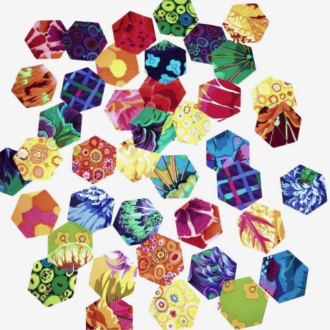 Kaffe Fassett Spectrum 1 inch die cut hexies (42) and papers; English Paper Piecing (EPP); quilting; Free Spirit fabric, precut hexagons