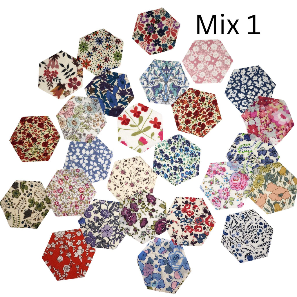 Liberty of London Tana Lawn 1 inch die cut hexies (26) plus papers; English Paper Piecing (EPP); quilting; lawn fabric, multicolor