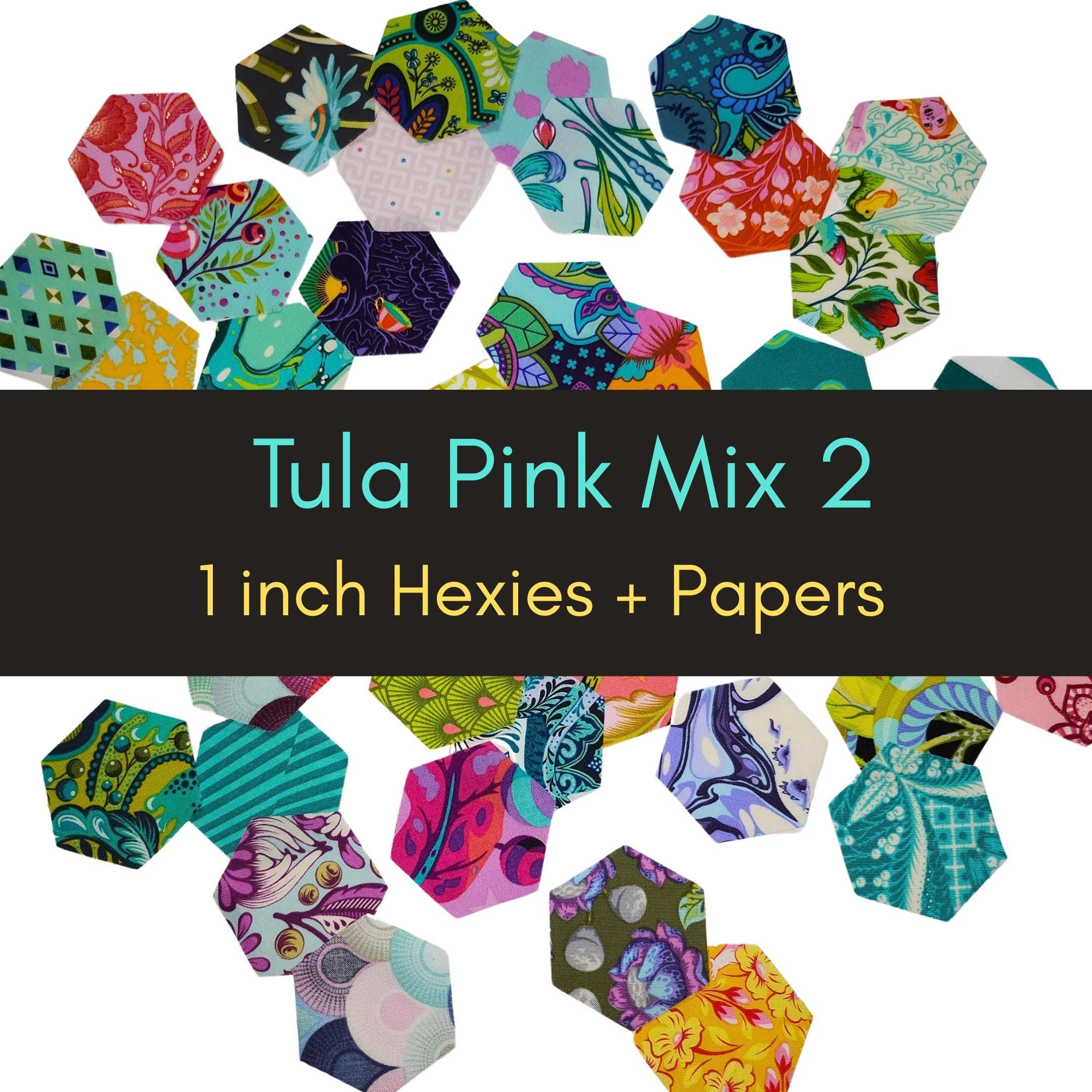 42 Tula Pink hexies 1 inch die cut assortment #2, plus papers; 42 hexies--no duplicates. English Paper Piecing (EPP); free spirit fabric