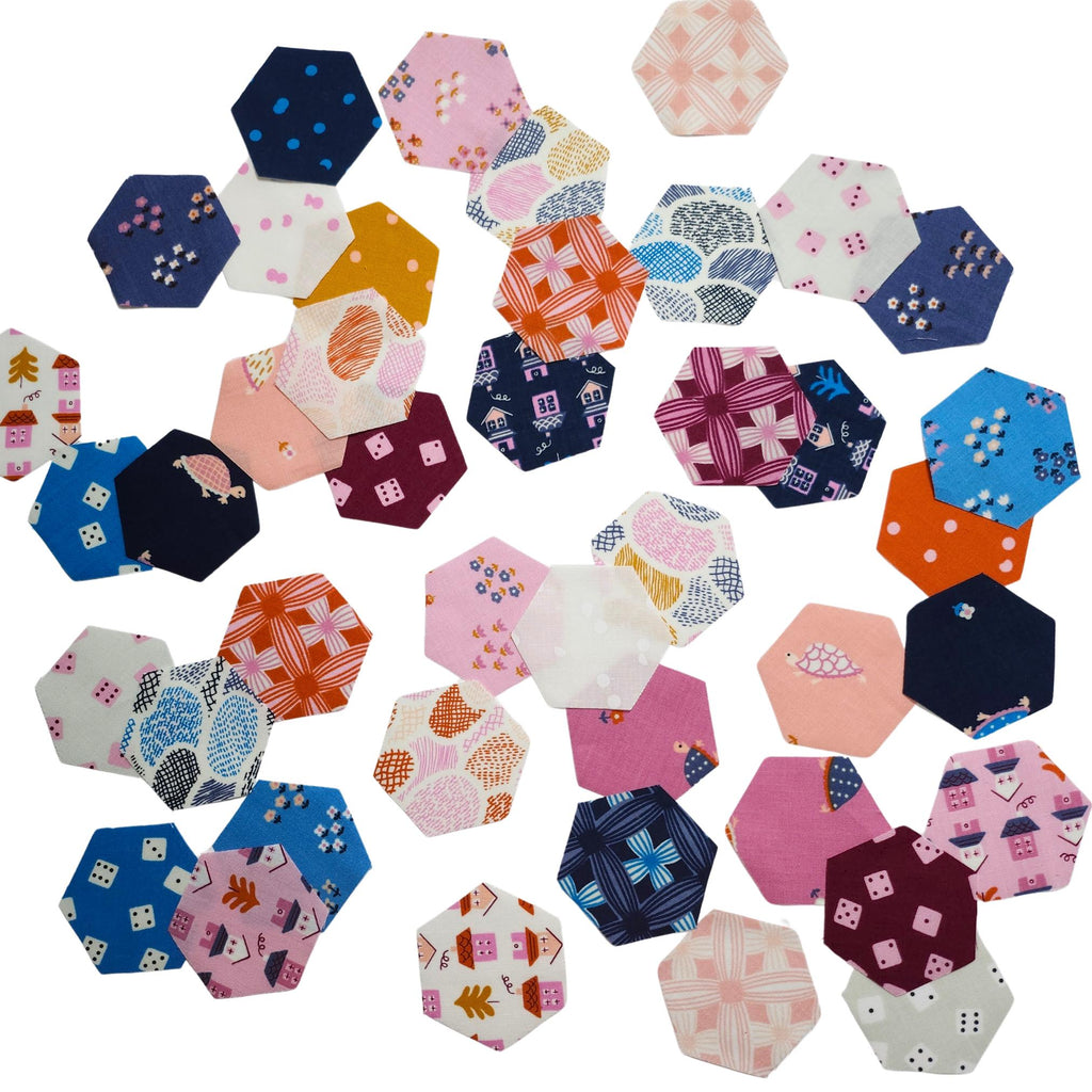 42 Ruby Star Society Tarrytown hexies 1 inch die cut, plus paper templates; English Paper Piecing (EPP); precut fabric hexagons