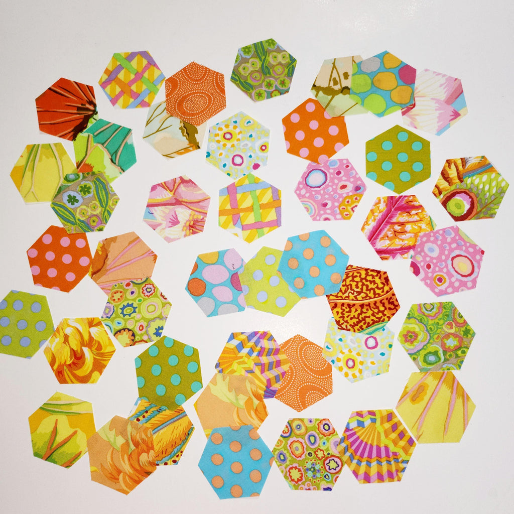 42 precut hexagons Kaffe Fassett Parakeet 1 inch die cut hexies and paper templates; English Paper Piecing (EPP); patchwork fabric