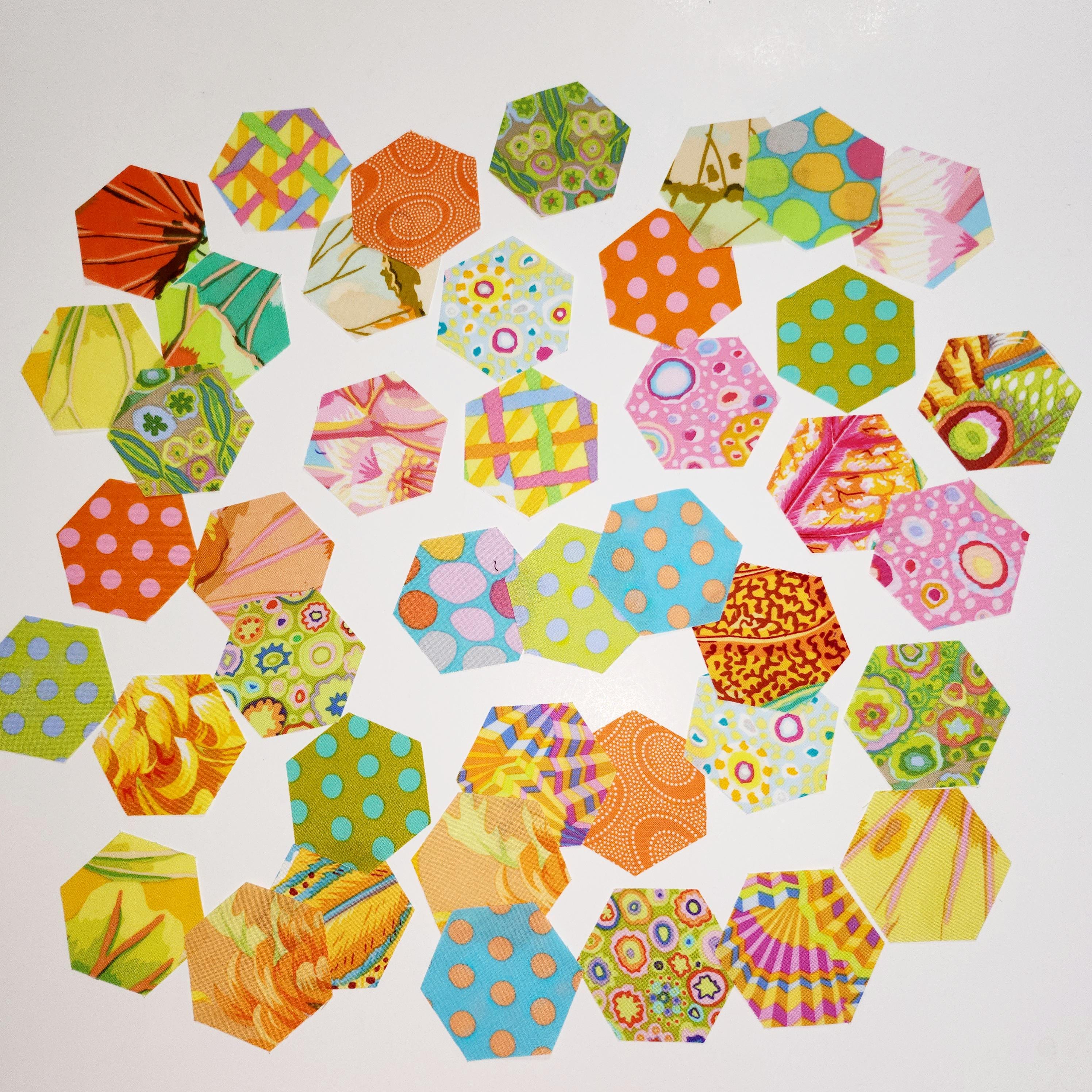 42 precut hexagons Kaffe Fassett Parakeet 1 inch die cut hexies and paper templates; English Paper Piecing (EPP); patchwork fabric