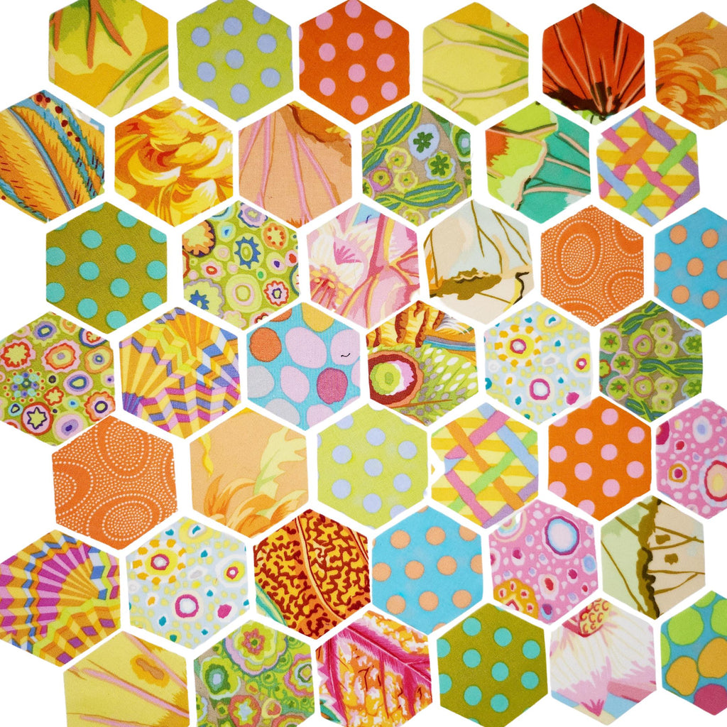 42 precut hexagons Kaffe Fassett Parakeet 1 inch die cut hexies and paper templates; English Paper Piecing (EPP); patchwork fabric