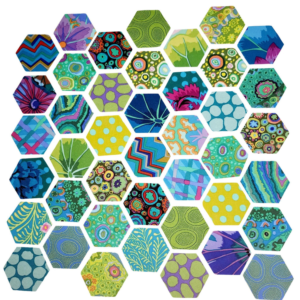 42 precut hexagons Kaffe Fassett Island 1 inch die cut hexies and paper templates; English Paper Piecing (EPP); patchwork fabric