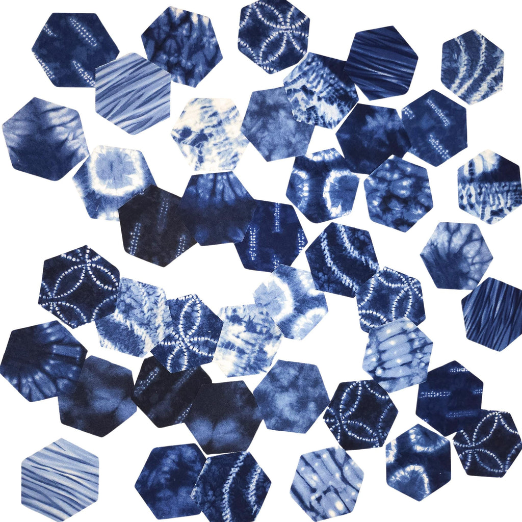 42 precut hexagons Debbie Maddy Shibori 1 inch die cut, plus papers; rare and out of print fabric hexies. English Paper Piecing (EPP)
