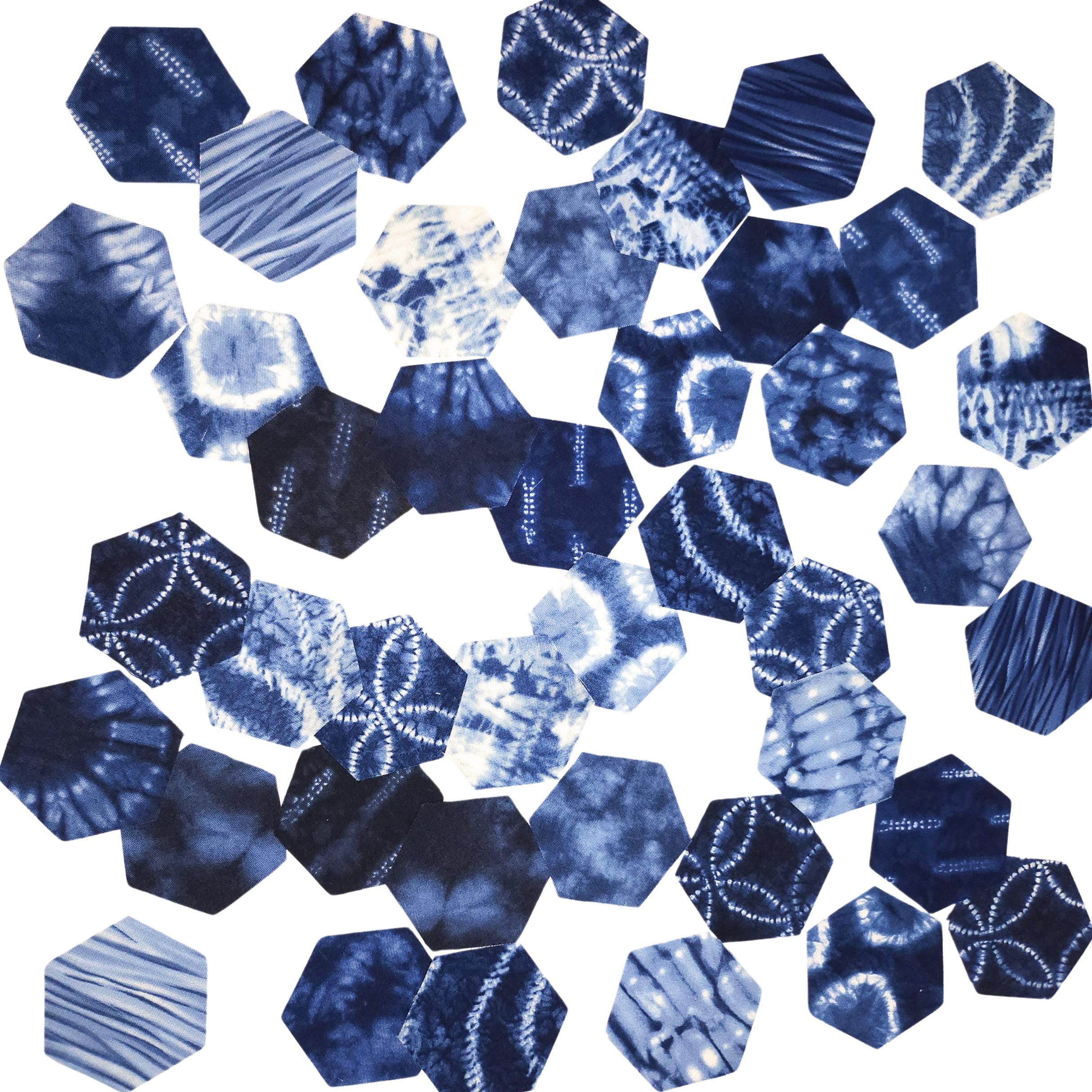 42 precut hexagons Debbie Maddy Shibori 1 inch die cut, plus papers; rare and out of print fabric hexies. English Paper Piecing (EPP)
