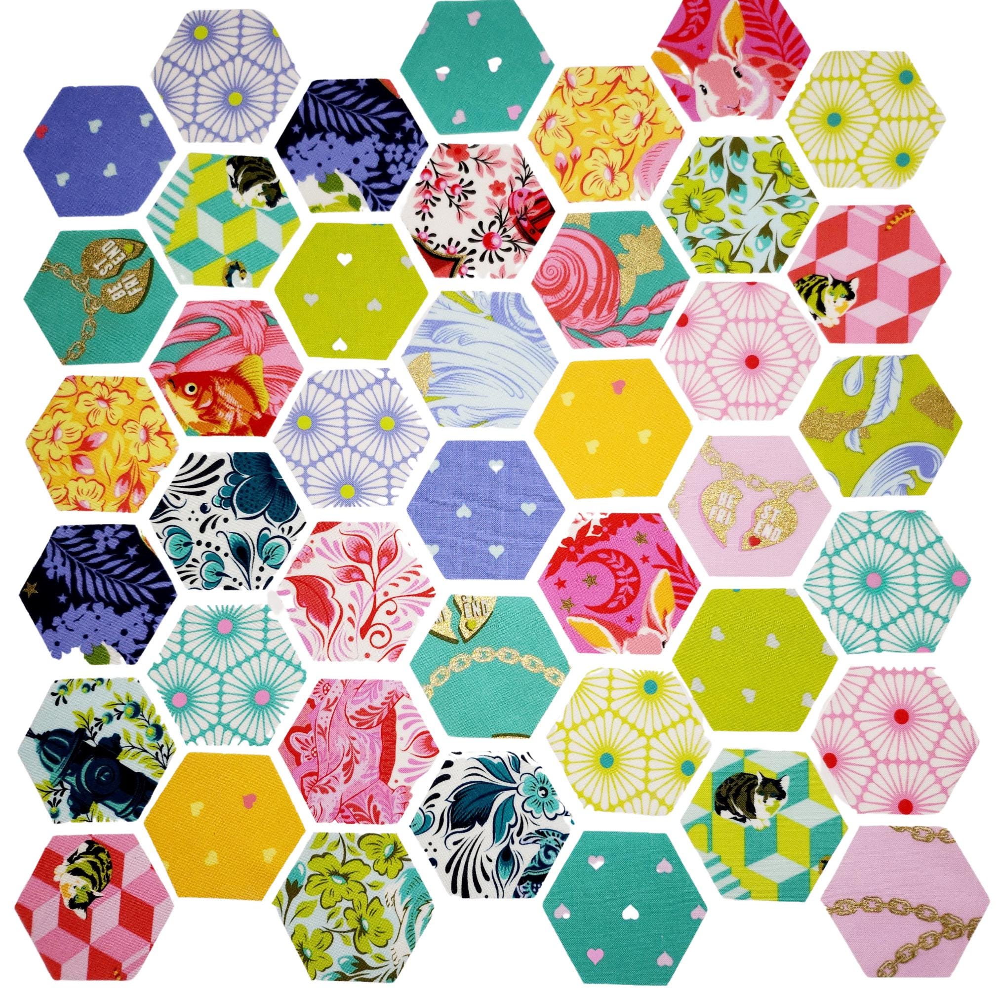 42 precut hexagons Tula Pink Besties hexies 1 inch die cut assortment, plus paper templates English Paper Piecing, EPP