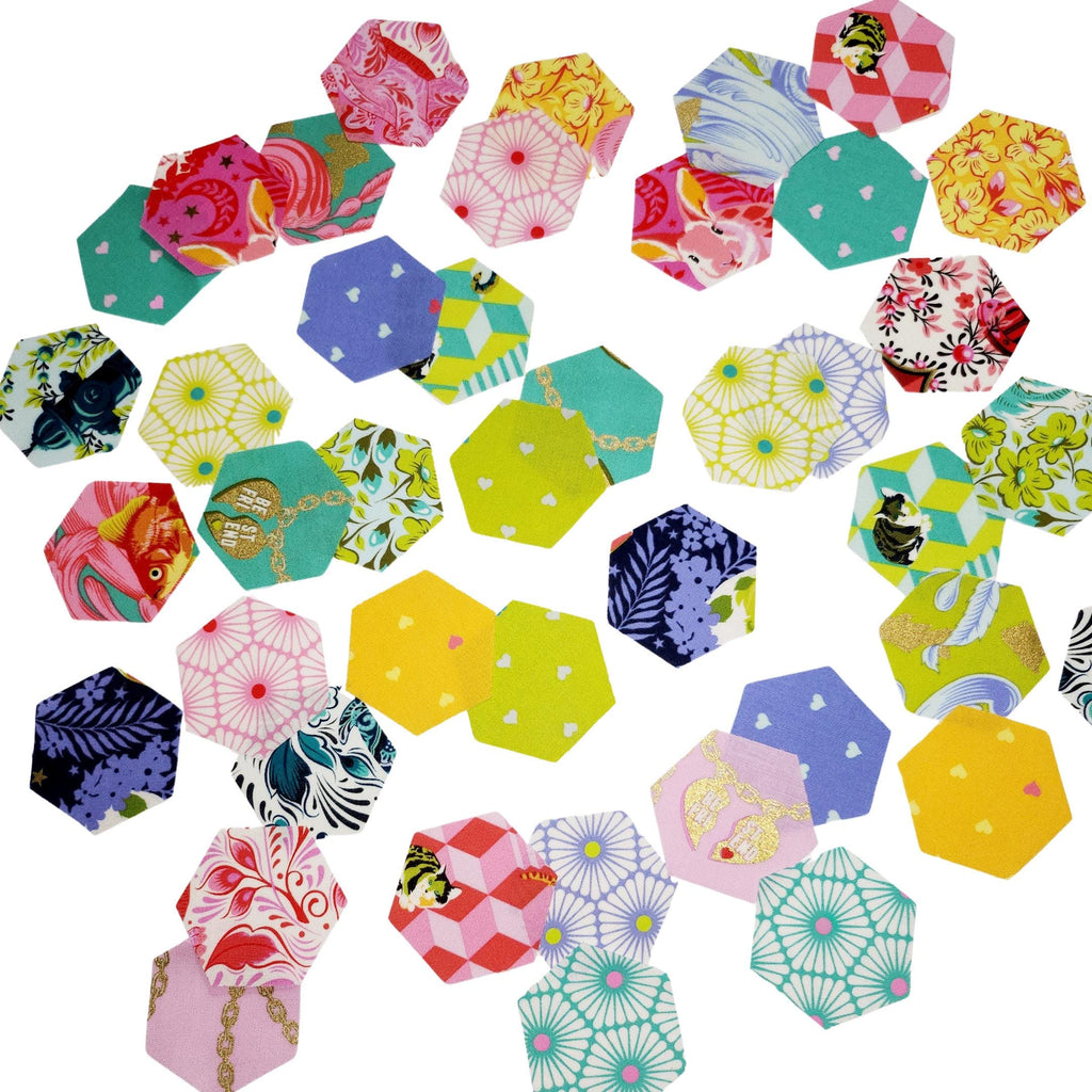 42 precut hexagons Tula Pink Besties hexies 1 inch die cut assortment, plus paper templates English Paper Piecing, EPP
