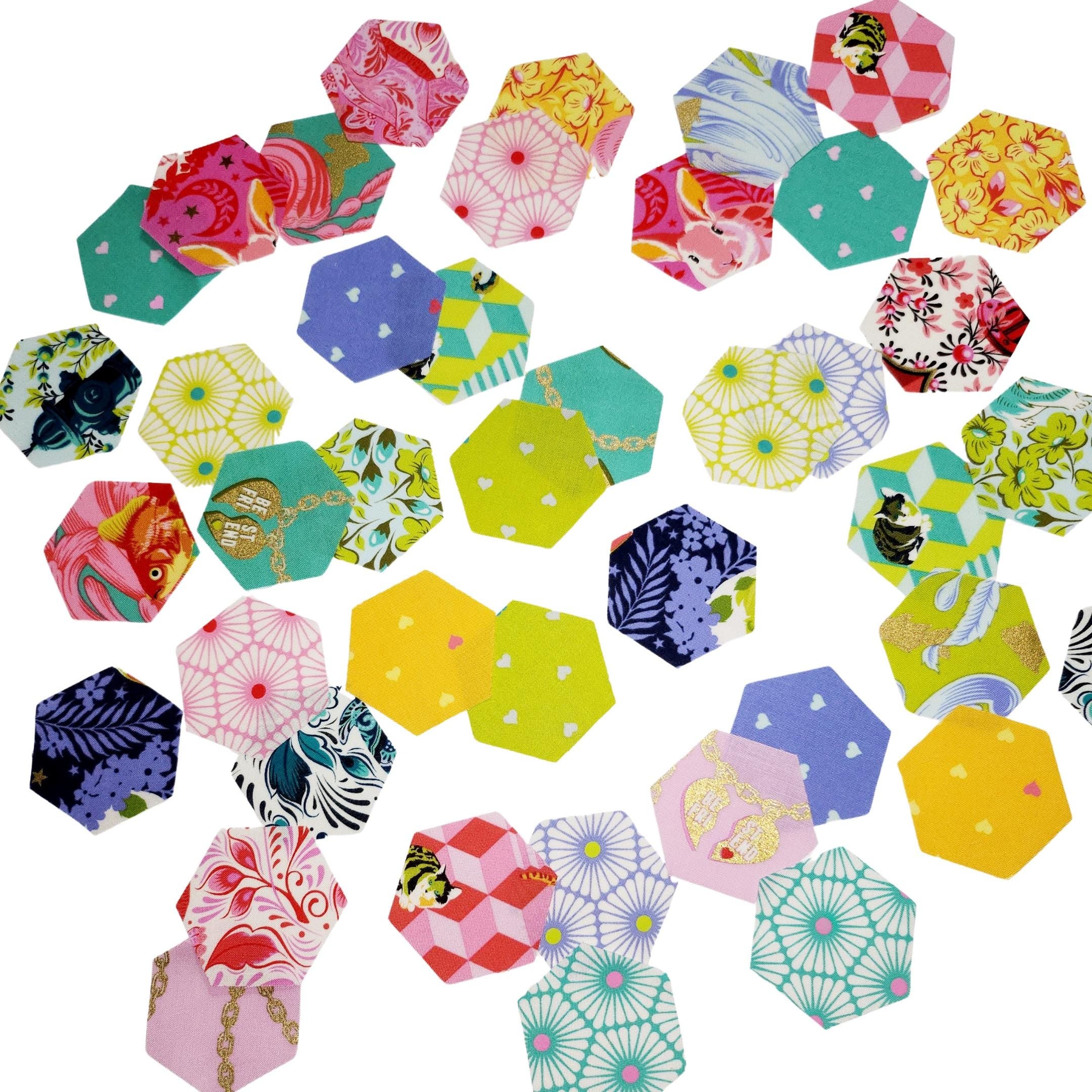 42 precut hexagons Tula Pink Besties hexies 1 inch die cut assortment, plus paper templates English Paper Piecing, EPP