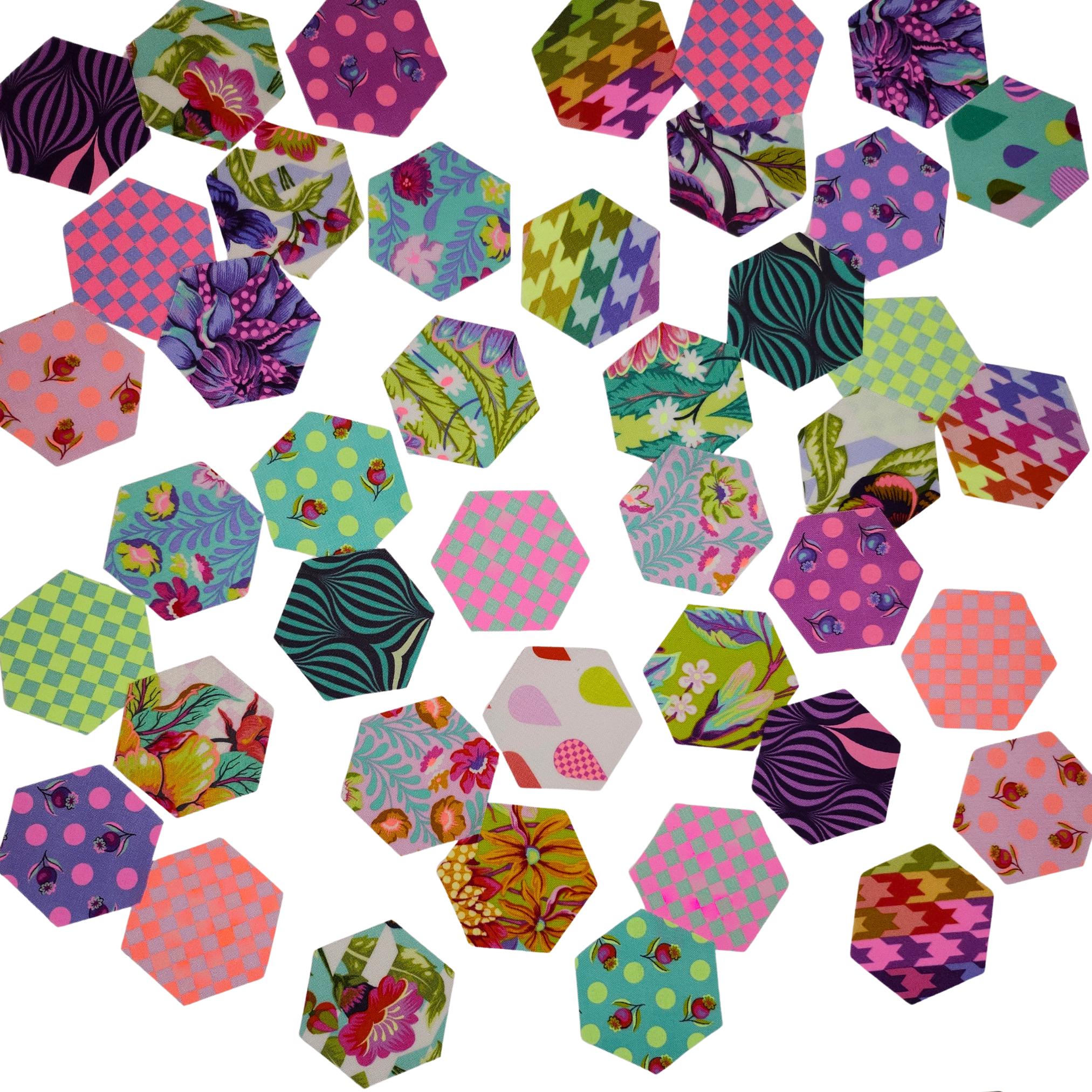 42 precut hexagons Tula Pink Untamed hexies 1 inch die cut assortment, plus paper templates English Paper Piecing, EPP. From florahexies.etsy.com englush paper piecing precut hexagons in rainbow colors