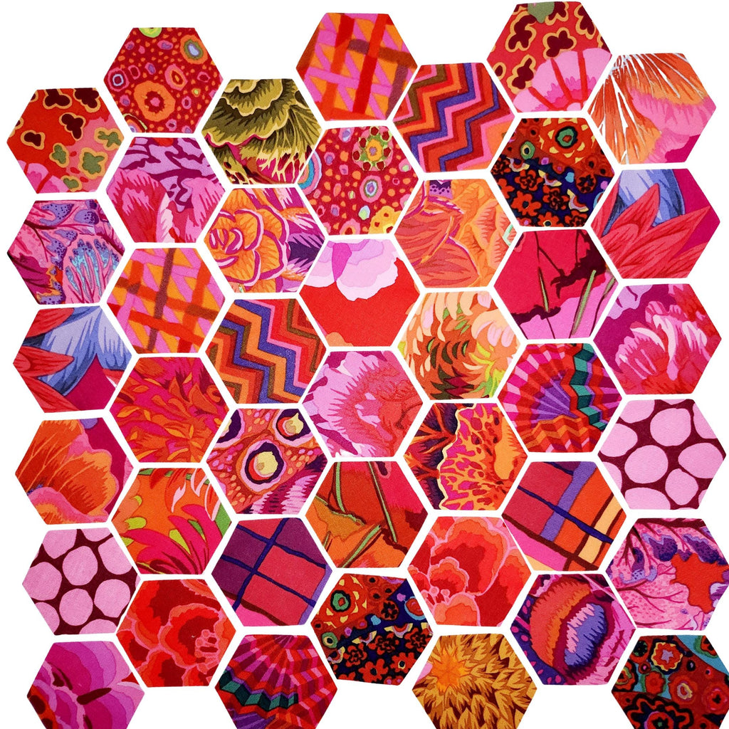 42 precut hexagons Kaffe Fassett Ruby 1 inch die cut hexies and paper templates; English Paper Piecing (EPP); precut patchwork fabric by Florahexies