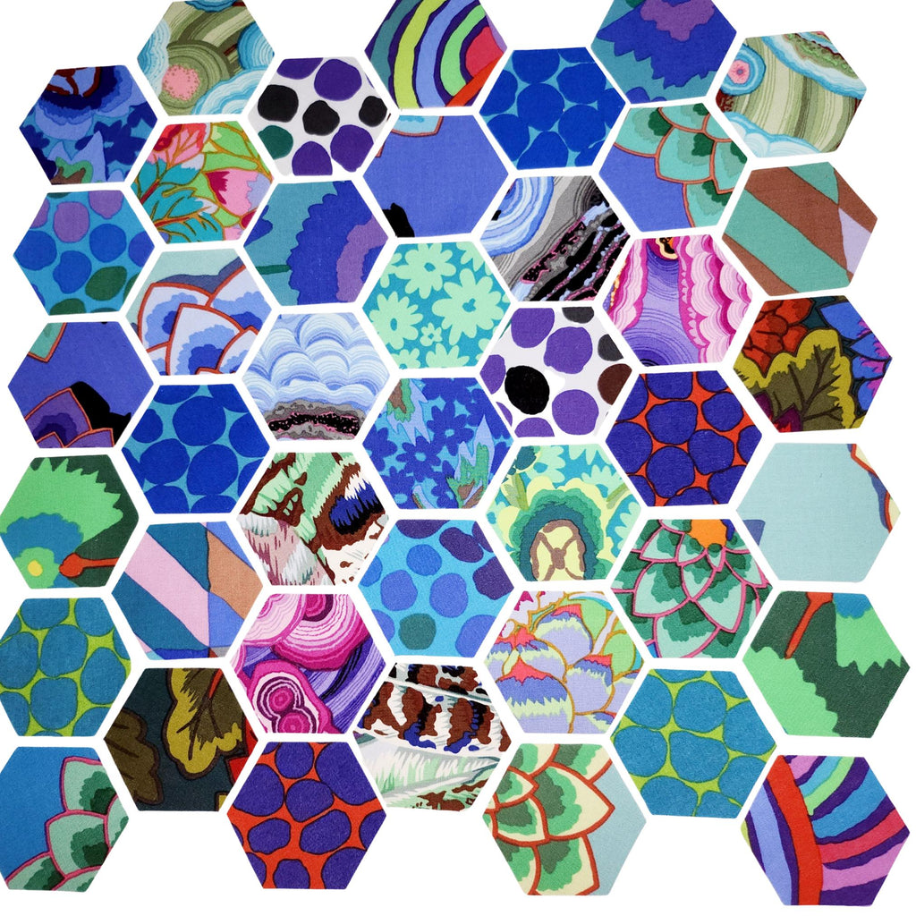 42 precut hexagons Kaffe Fassett Neptune 1 inch die cut hexies and paper templates; English Paper Piecing (EPP); patchwork fabric from florahexies.etsy.com Flora hexies