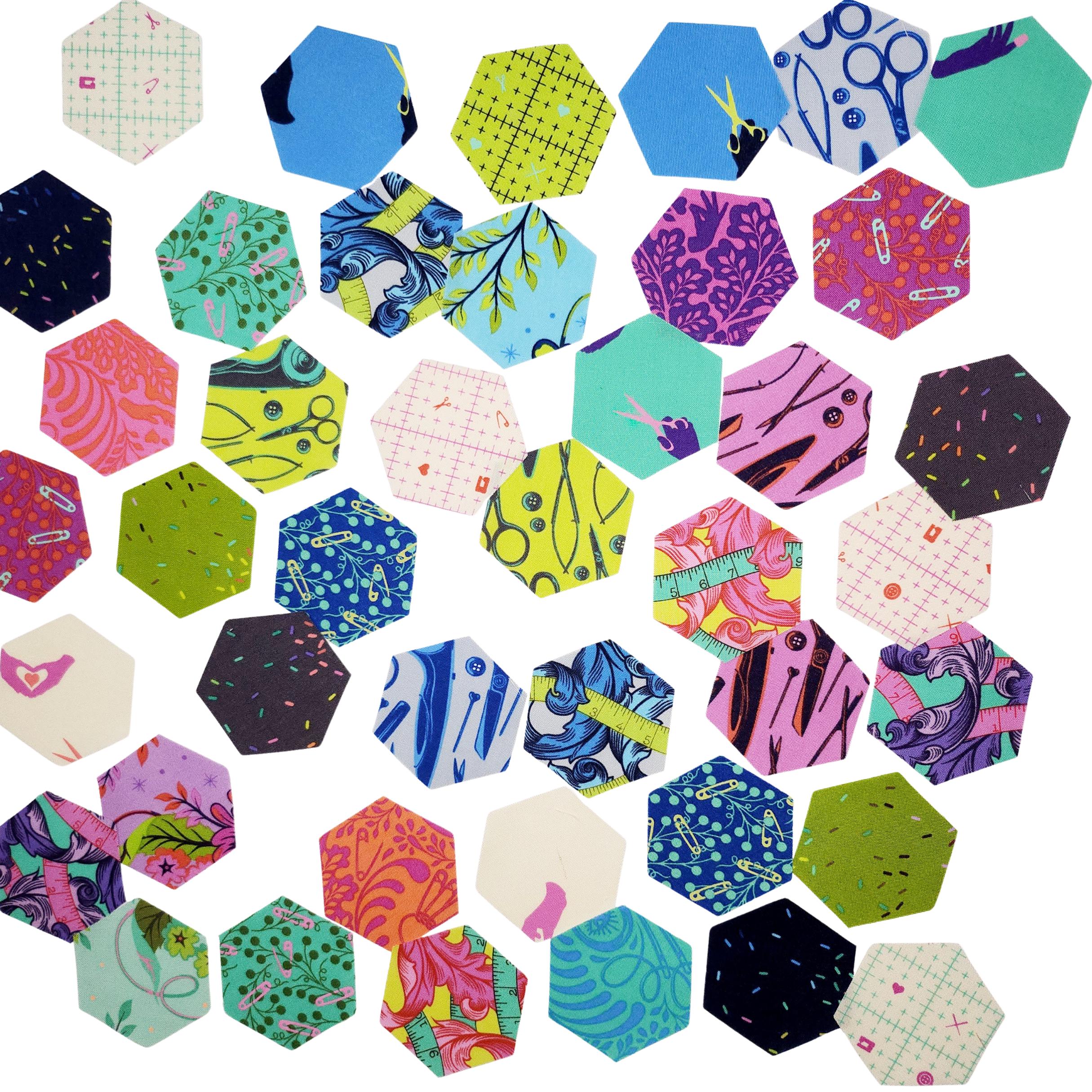 42 precut hexagons Tula Pink homemade hexies 1 inch die cut assortment, plus paper templates English Paper Piecing, EPP rare flora hexies