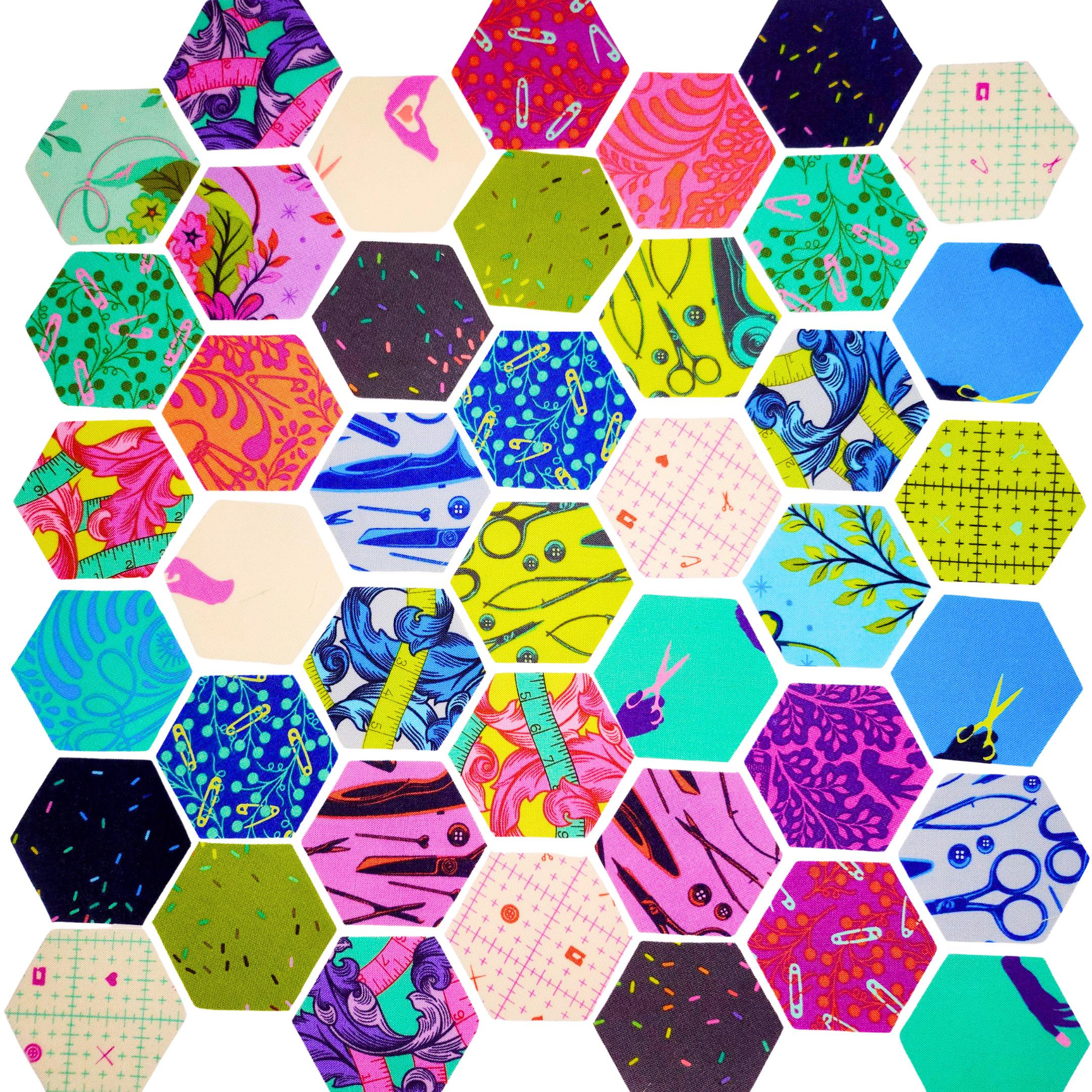 42 precut hexagons Tula Pink homemade hexies 1 inch die cut assortment, plus paper templates English Paper Piecing, EPP rare flora hexies
