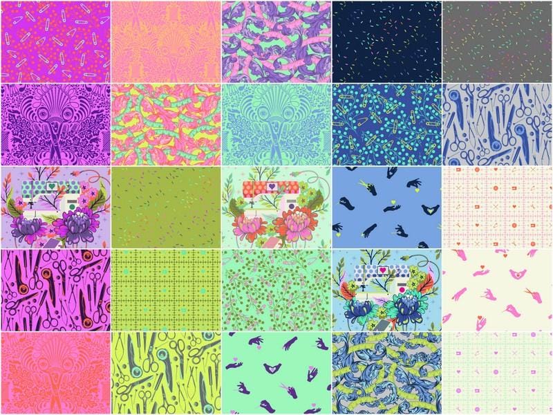 42 precut hexagons Tula Pink homemade hexies 1 inch die cut assortment, plus paper templates English Paper Piecing, EPP rare flora hexies