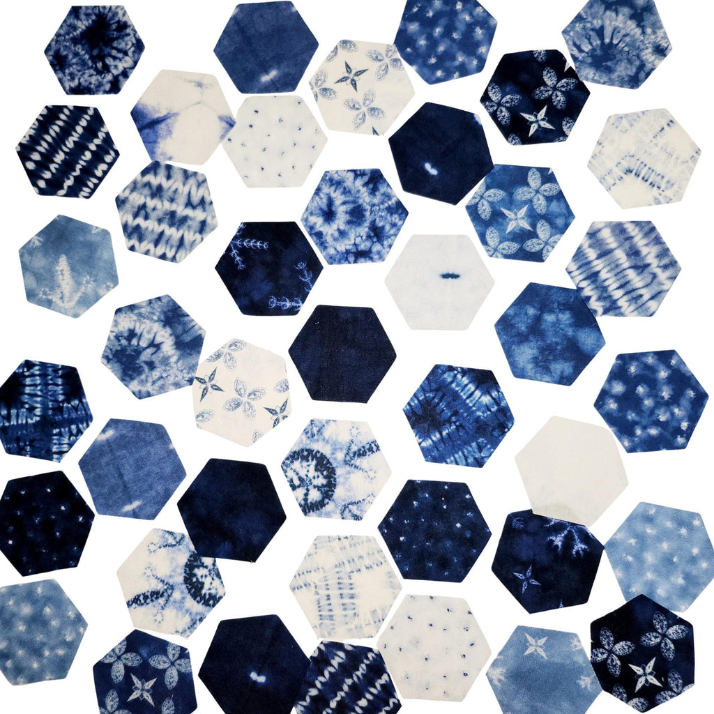 42 precut hexagons Debbie Maddy Winter Chill 1 inch die cut, plus papers; rare and out of print fabric hexies. English Paper Piecing (EPP)