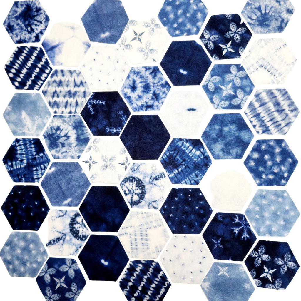 42 precut hexagons Debbie Maddy Winter Chill 1 inch die cut, plus papers; rare and out of print fabric hexies. English Paper Piecing (EPP)