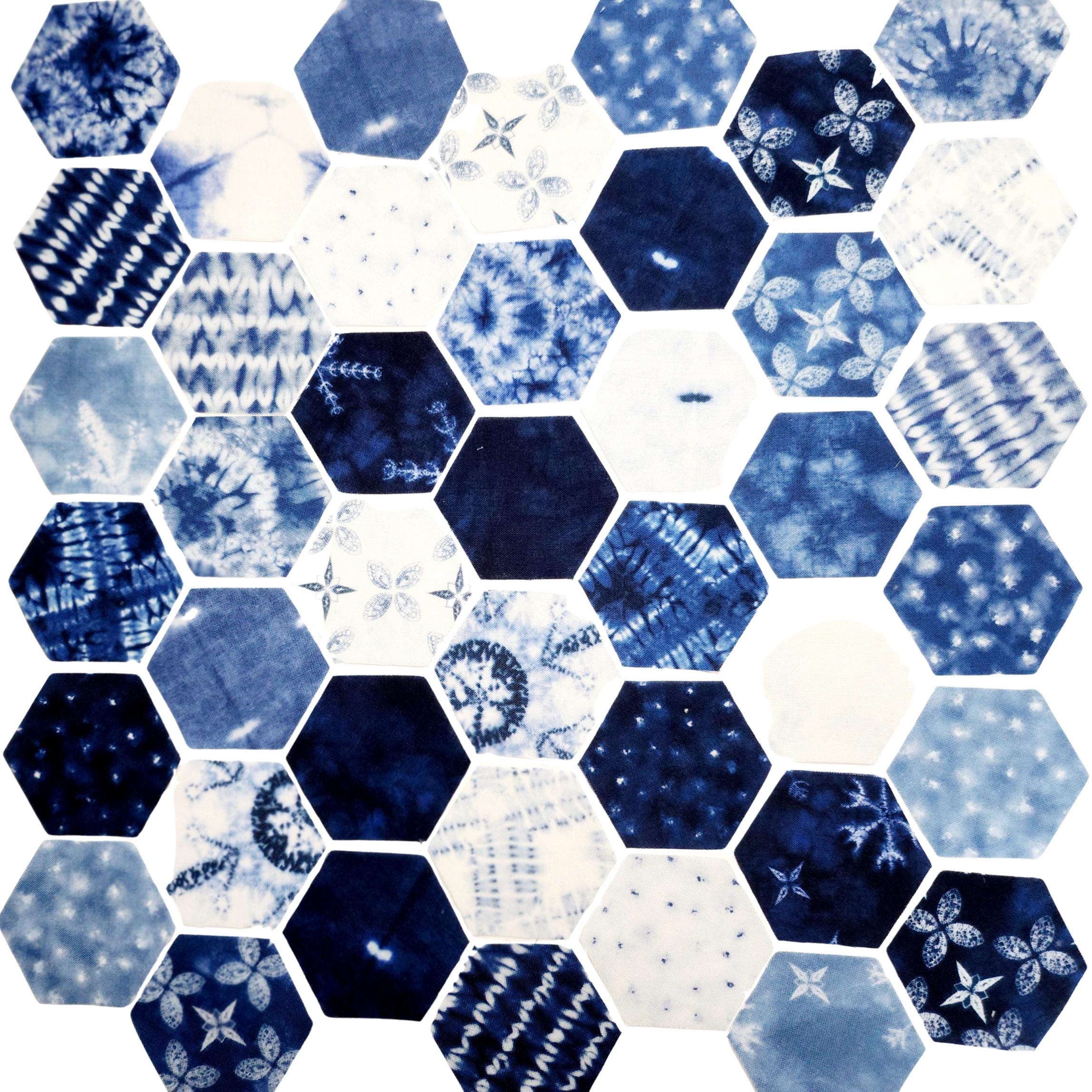 42 precut hexagons Debbie Maddy Winter Chill 1 inch die cut, plus papers; rare and out of print fabric hexies. English Paper Piecing (EPP)