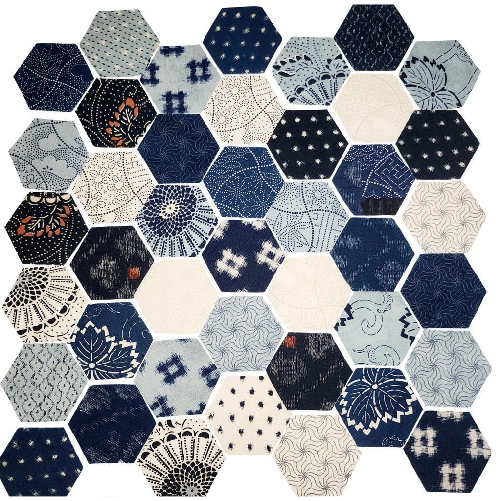 42 precut hexagons Debbie Maddy Indigo Blooming 1 inch die cut, plus papers; Japan inspired hexies for English Paper Piecing (EPP)