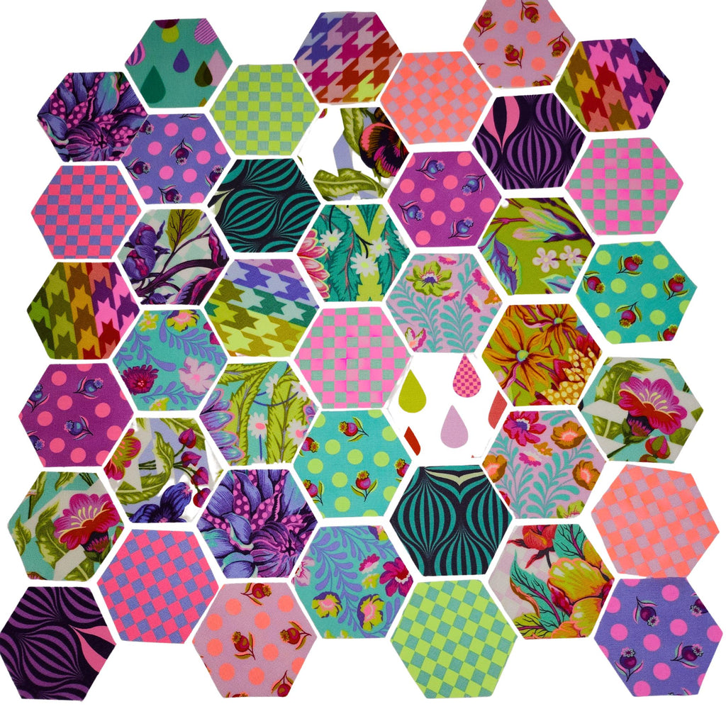 42 precut hexagons Tula Pink Untamed hexies 1 inch die cut assortment, plus paper templates English Paper Piecing, EPP. From florahexies.etsy.com englush paper piecing precut hexagons in rainbow colors