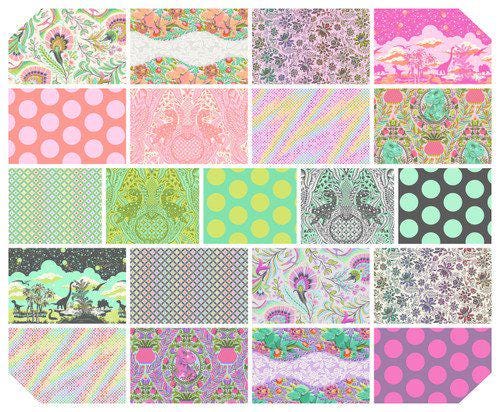 42 precut hexagons Tula Pink Roar! hexies 1 inch die cut assortment, plus paper templates English Paper Piecing, EPP English Paper Piecing precut fabric hexagons from florahexies.etsy.com  rainbow colored dinosaur fabric hexies