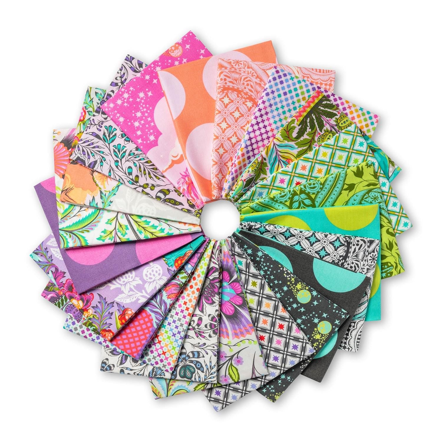 42 precut hexagons Tula Pink Roar! hexies 1 inch die cut assortment, plus paper templates English Paper Piecing, EPP English Paper Piecing precut fabric hexagons from florahexies.etsy.com  rainbow colored dinosaur fabric hexies