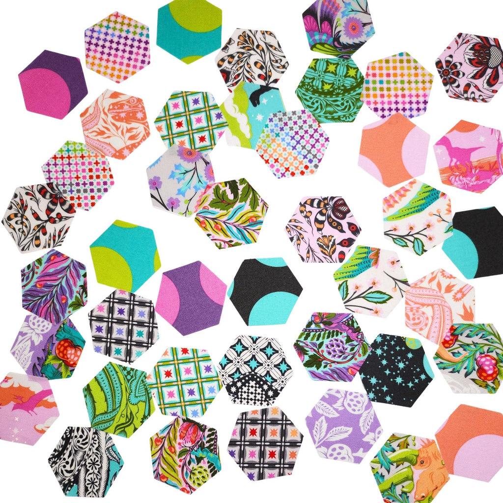 42 precut hexagons Tula Pink Roar! hexies 1 inch die cut assortment, plus paper templates English Paper Piecing, EPP English Paper Piecing precut fabric hexagons from florahexies.etsy.com  rainbow colored dinosaur fabric hexies
