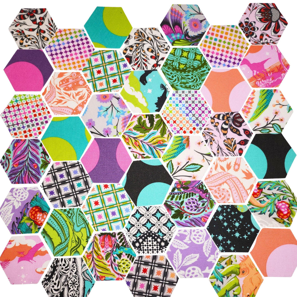 42 precut hexagons Tula Pink Roar! hexies 1 inch die cut assortment, plus paper templates English Paper Piecing, EPP English Paper Piecing precut fabric hexagons from florahexies.etsy.com  rainbow colored dinosaur fabric hexies