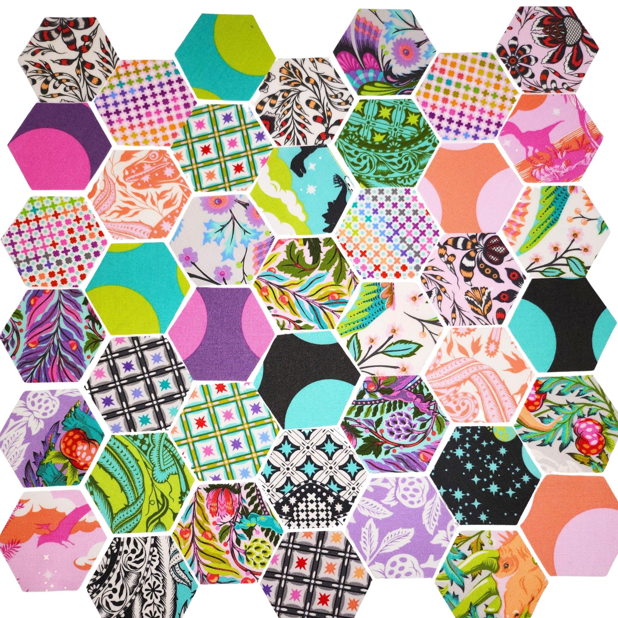 42 precut hexagons Tula Pink Roar! hexies 1 inch die cut assortment, plus paper templates English Paper Piecing, EPP English Paper Piecing precut fabric hexagons from florahexies.etsy.com  rainbow colored dinosaur fabric hexies