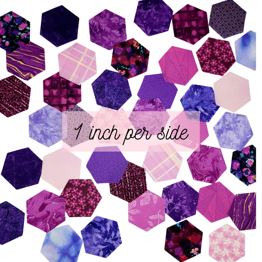 42 precut hexagons in curated purple mix die cut hexies and paper templates for English Paper Piecing EPP in 3 sizes: 0.75&quot;, 1&quot;, 1.25&quot; by Flora hexies
