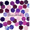 42 precut hexagons in curated purple mix die cut hexies and paper templates for English Paper Piecing EPP in 3 sizes: 0.75", 1", 1.25" by Flora hexies