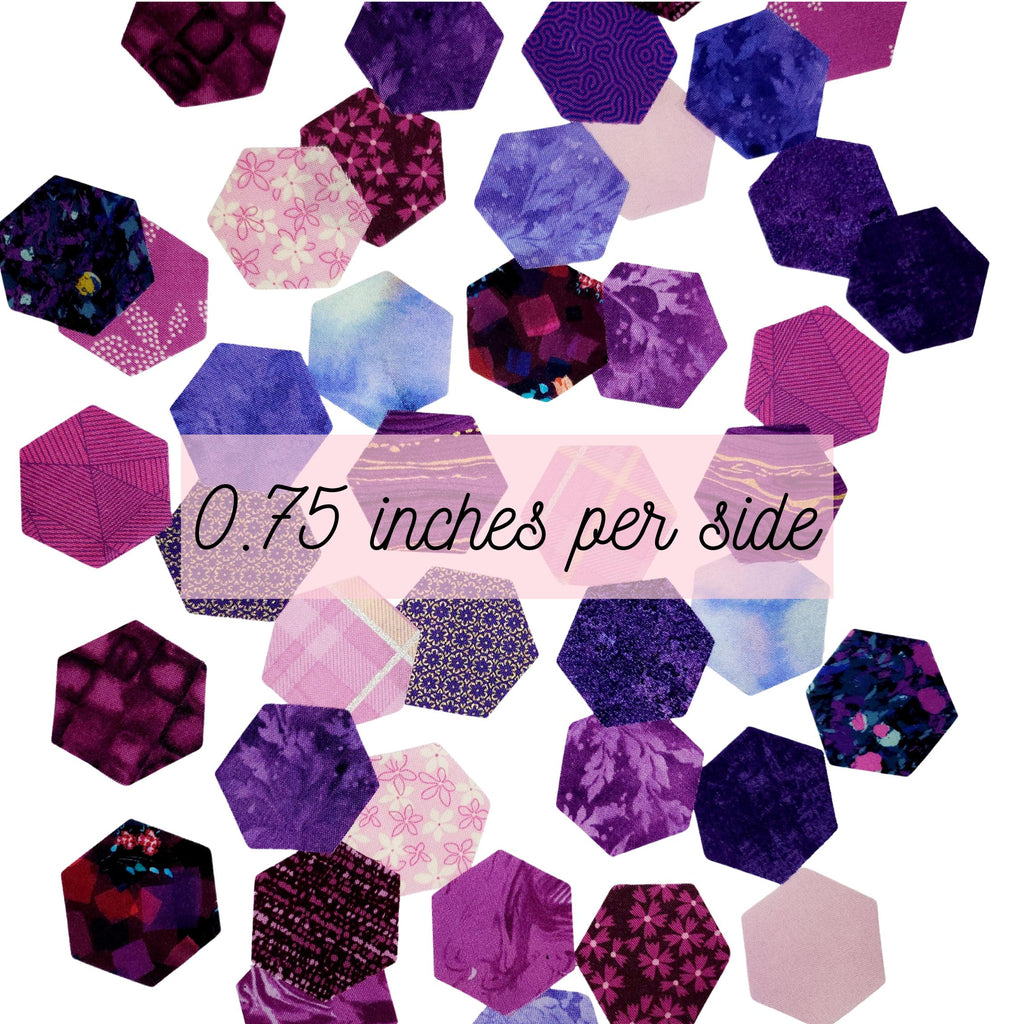 42 precut hexagons in curated purple mix die cut hexies and paper templates for English Paper Piecing EPP in 3 sizes: 0.75&quot;, 1&quot;, 1.25&quot; by Flora hexies