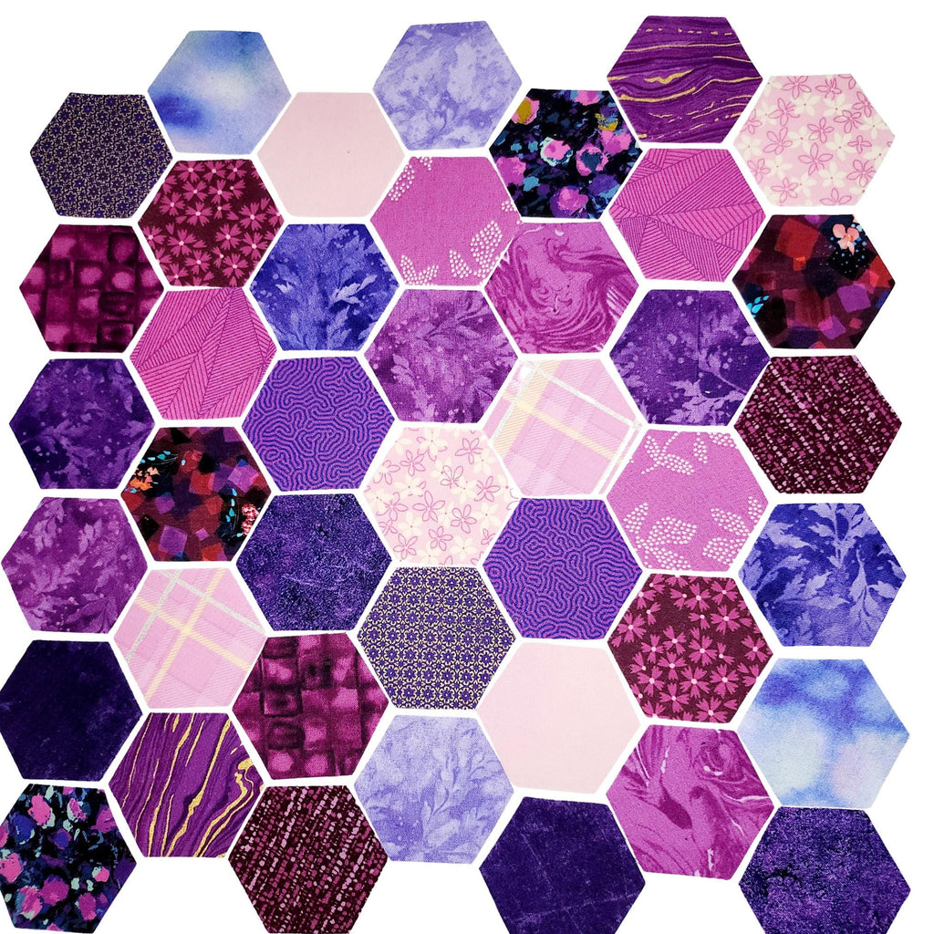 42 precut hexagons in curated purple mix die cut hexies and paper templates for English Paper Piecing EPP in 3 sizes: 0.75&quot;, 1&quot;, 1.25&quot; by Flora hexies