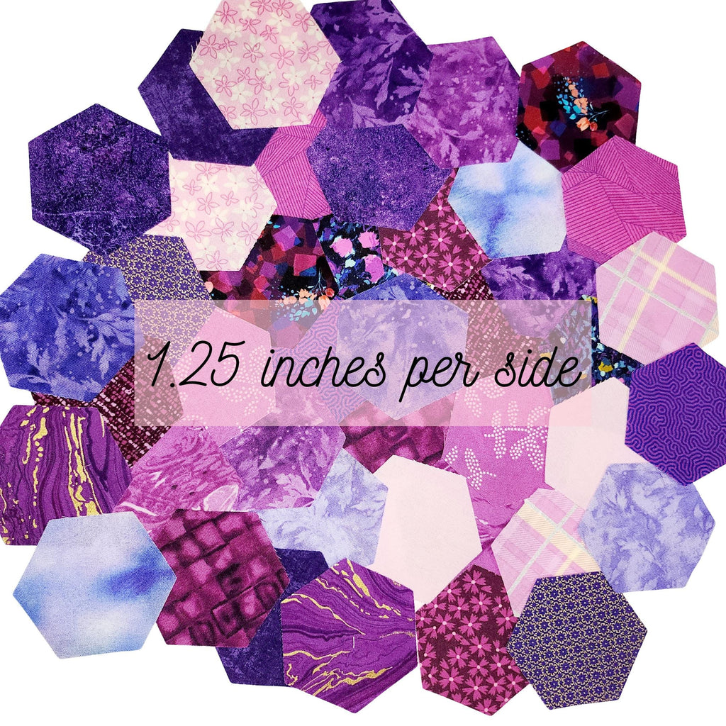 42 precut hexagons in curated purple mix die cut hexies and paper templates for English Paper Piecing EPP in 3 sizes: 0.75&quot;, 1&quot;, 1.25&quot; by Flora hexies