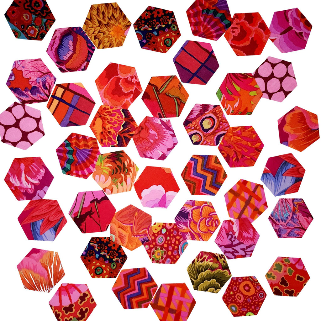 42 precut hexagons Kaffe Fassett Ruby 1 inch die cut hexies and paper templates; English Paper Piecing (EPP); precut patchwork fabric by Florahexies