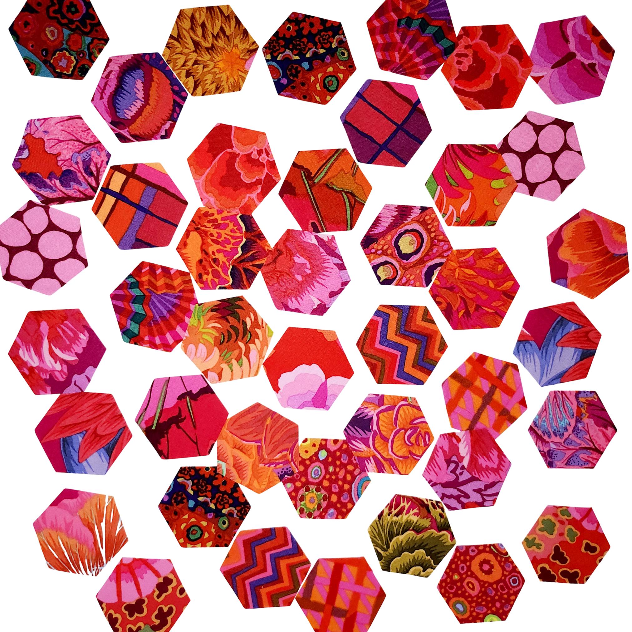 42 precut hexagons Kaffe Fassett Ruby 1 inch die cut hexies and paper templates; English Paper Piecing (EPP); precut patchwork fabric by Florahexies