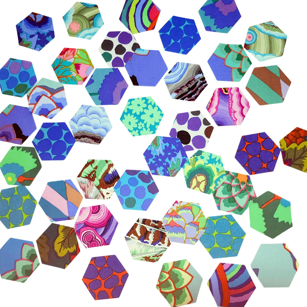 42 precut hexagons Kaffe Fassett Neptune 1 inch die cut hexies and paper templates; English Paper Piecing (EPP); patchwork fabric from florahexies.etsy.com Flora hexies