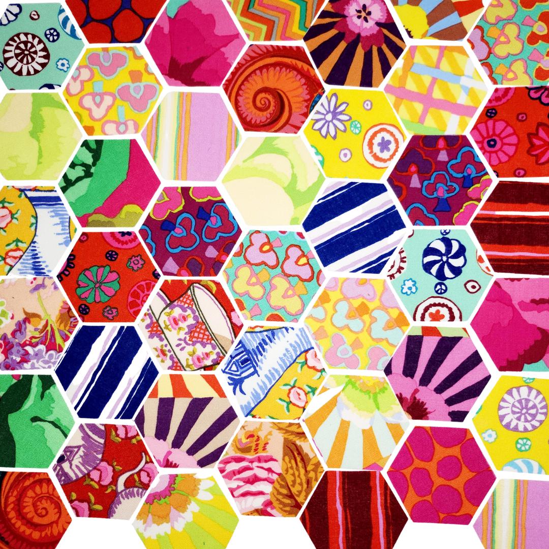 42 precut hexagons Kaffe Fassett Sunrise 1 inch die cut hexies and paper templates; English Paper Piecing (EPP); patchwork fabric