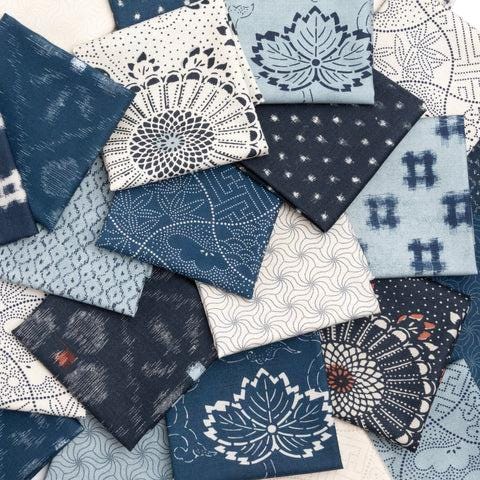 42 precut hexagons Debbie Maddy Indigo Blooming 1 inch die cut, plus papers; Japan inspired hexies for English Paper Piecing (EPP)