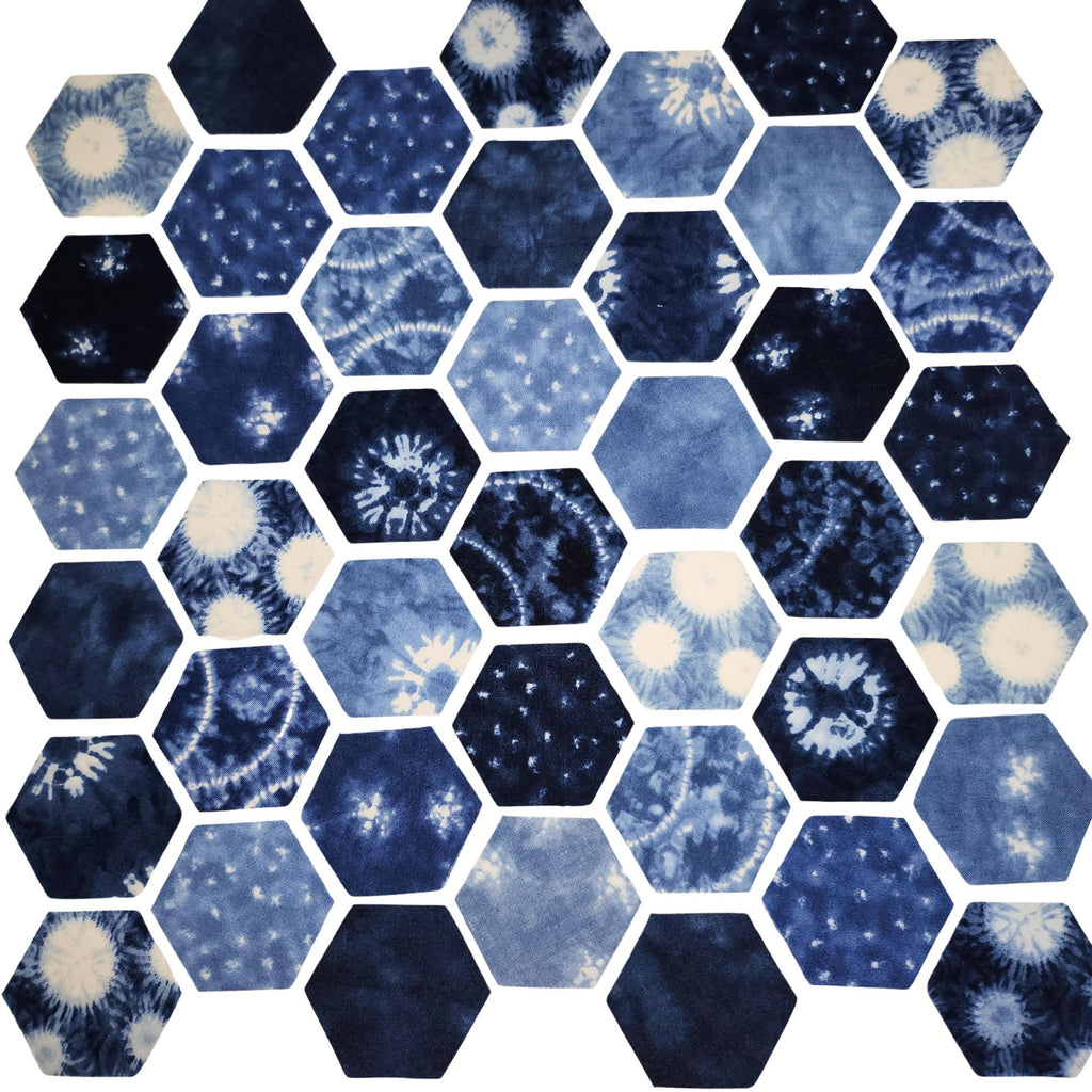 42 precut hexagons Debbie Maddy Shimo-1 inch die cut, plus papers; rare and out of print fabric hexies. English Paper Piecing (EPP)