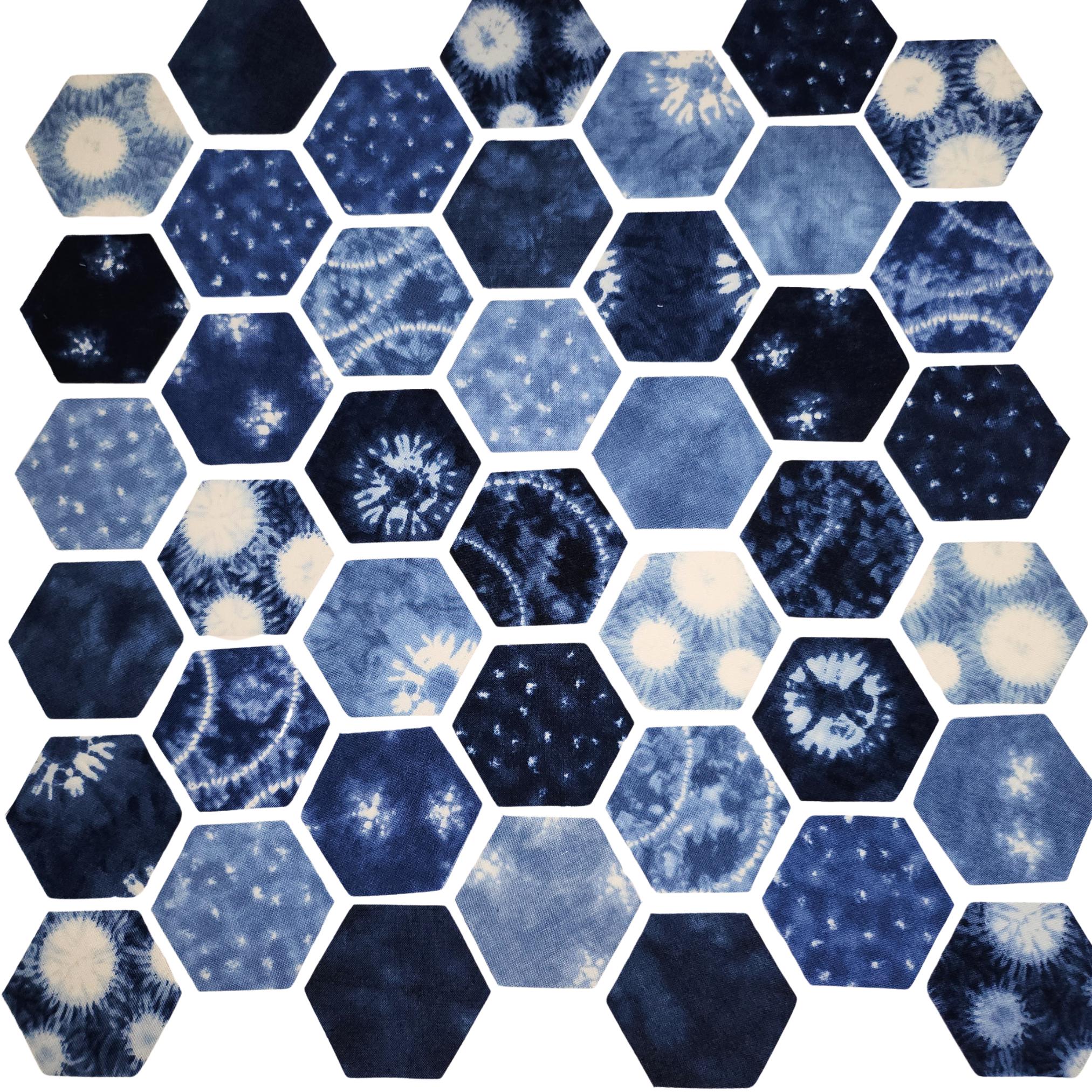42 precut hexagons Debbie Maddy Shimo-1 inch die cut, plus papers; rare and out of print fabric hexies. English Paper Piecing (EPP)
