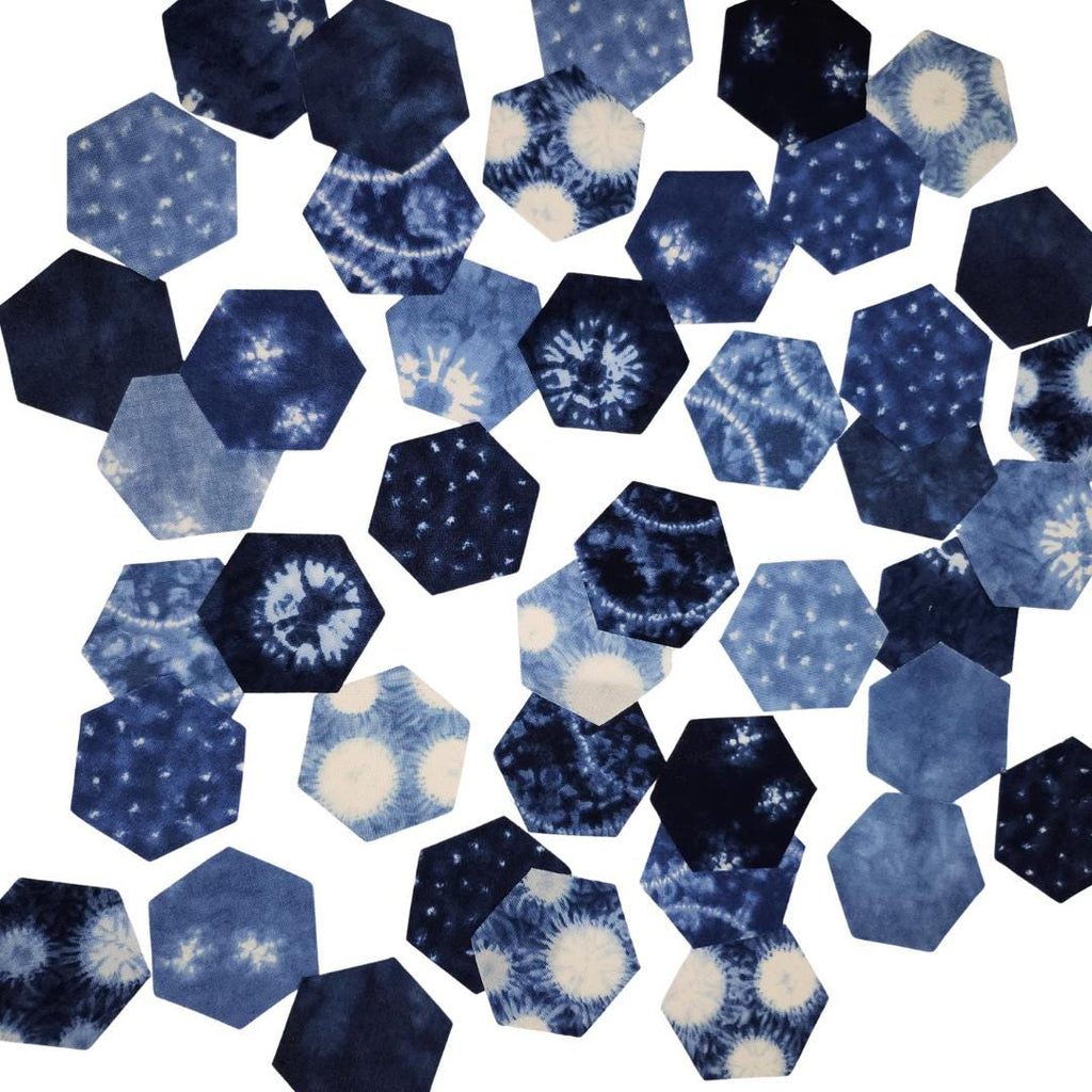 42 precut hexagons Debbie Maddy Shimo-1 inch die cut, plus papers; rare and out of print fabric hexies. English Paper Piecing (EPP)