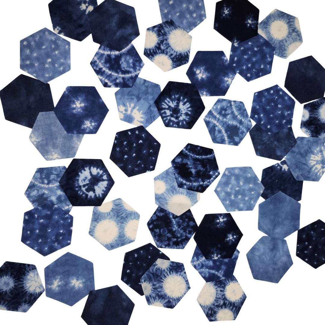 42 precut hexagons Debbie Maddy Shimo-1 inch die cut, plus papers; rare and out of print fabric hexies. English Paper Piecing (EPP)