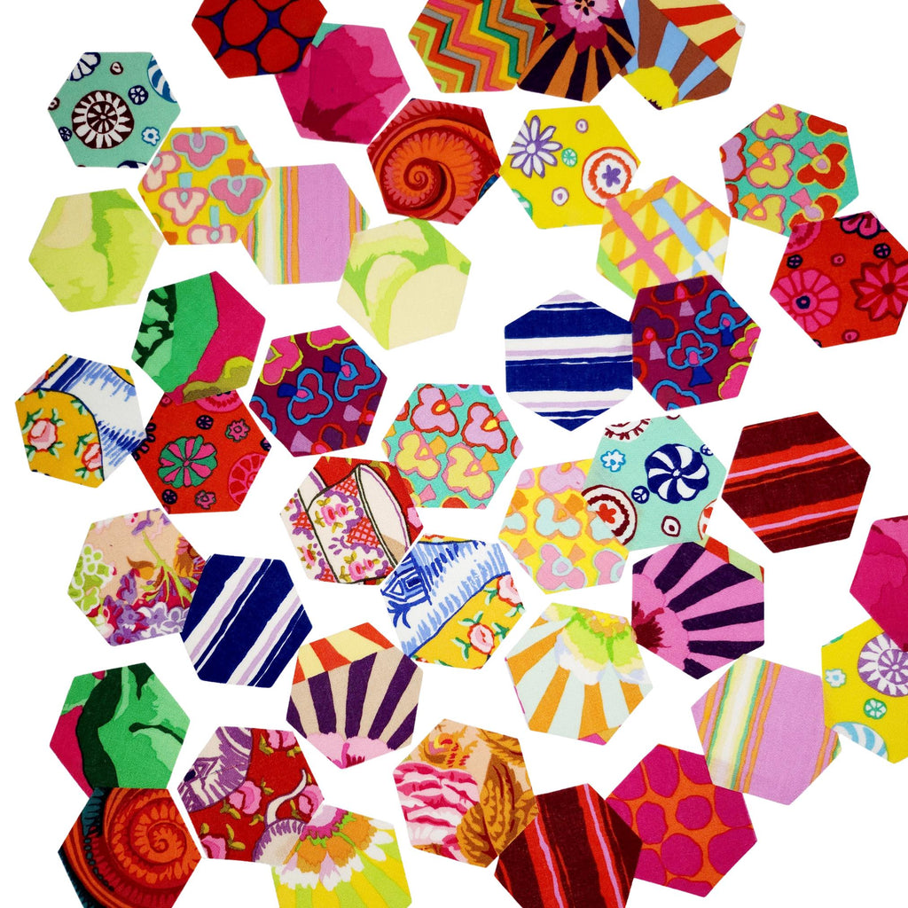 42 precut hexagons Kaffe Fassett Sunrise 1 inch die cut hexies and paper templates; English Paper Piecing (EPP); patchwork fabric