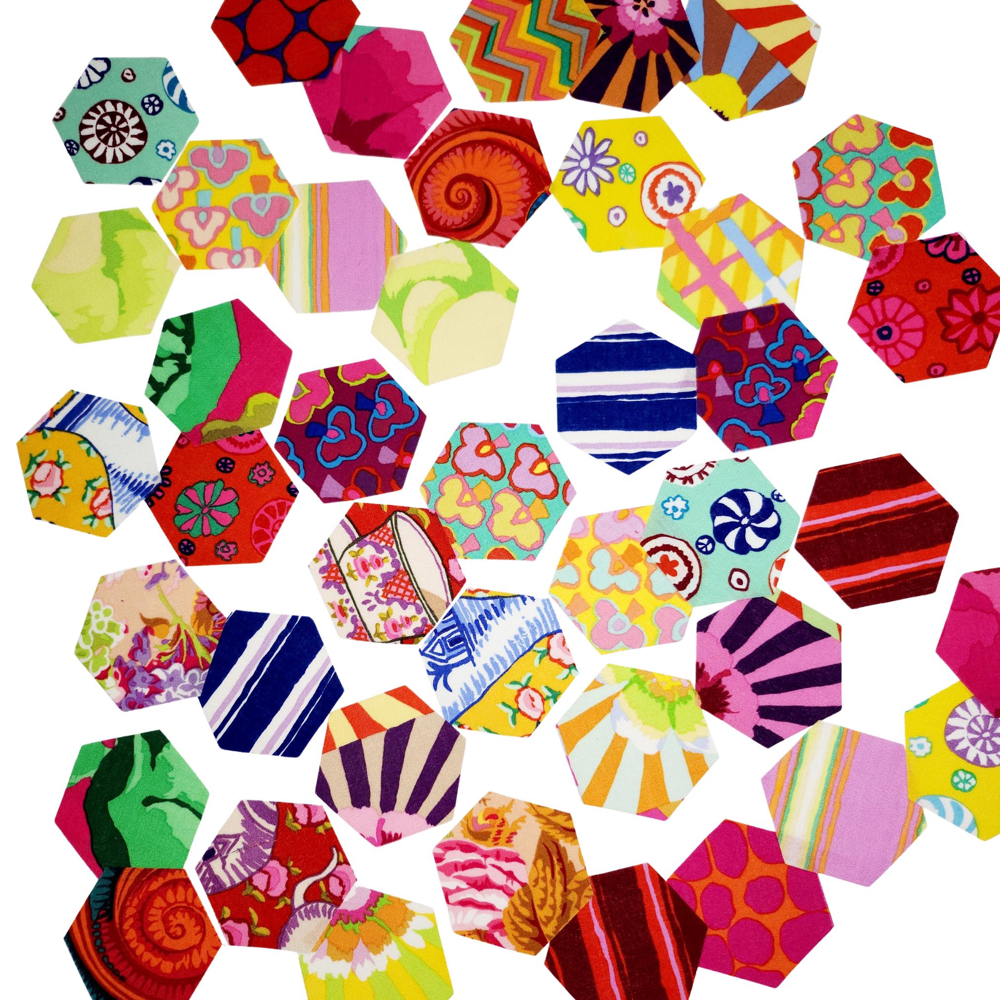 42 precut hexagons Kaffe Fassett Sunrise 1 inch die cut hexies and paper templates; English Paper Piecing (EPP); patchwork fabric