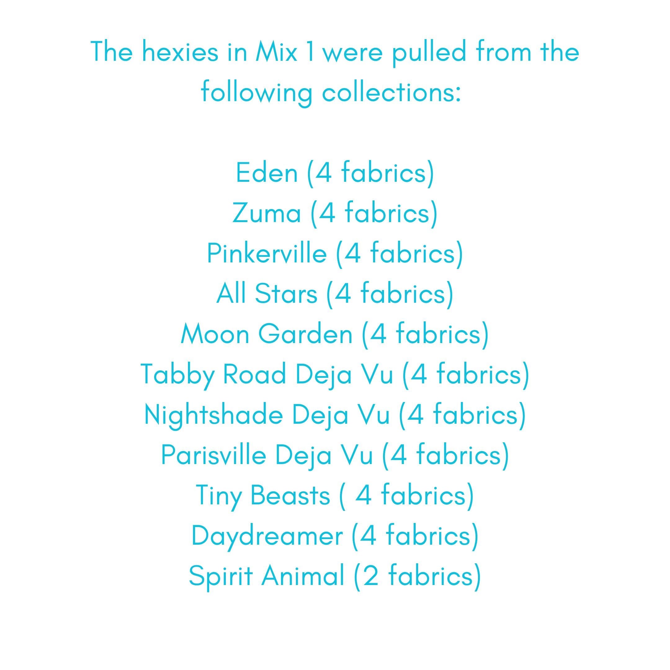 42 precut hexagons Tula Pink hexies 1 inch die cut assortment #1, plus papers; 42 hexies--no duplicates. English Paper Piecing (EPP)